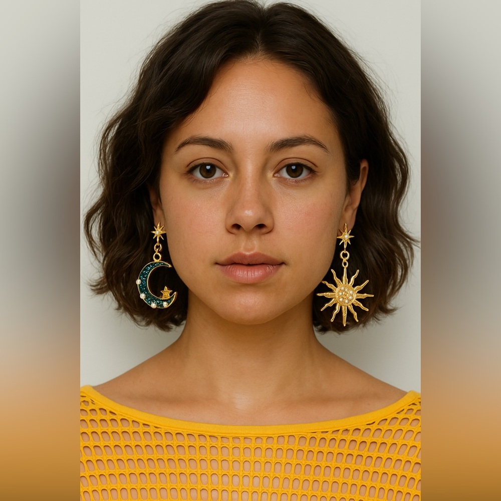 Gold Moon And Star Blue Mismatched Drop Earrings